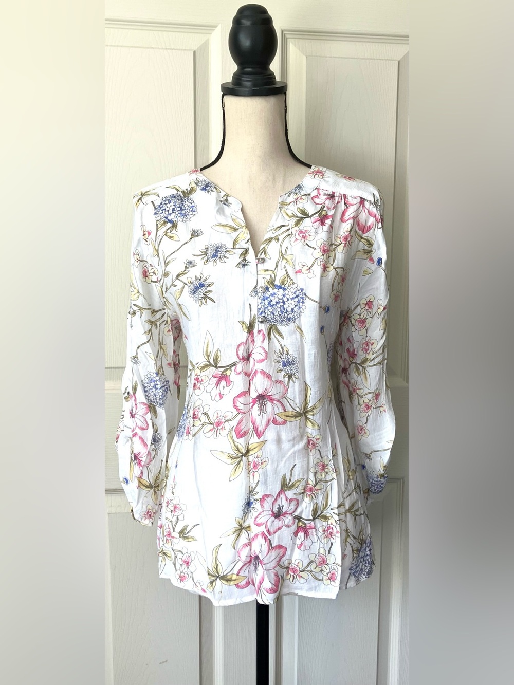 White Floral Tunic Top OR Cover-Up: Pink & Blue Floral Blouse, Sz. L